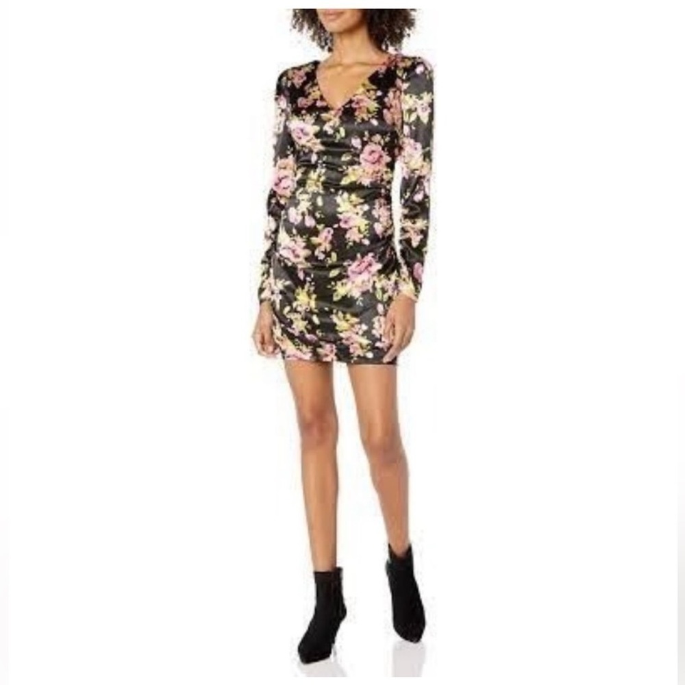 LIKELY Black satin floral print flowers Gabriella Dress size 0 REVOLVE NEW